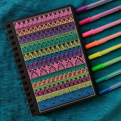 Colourful, patterns, bright Jelly Roll Pens Art, Sakura Gelly Roll Pens Art, Black Paper Gel Pen Art, Gelly Roll Pens Ideas, Gelly Roll Pens Art, Gelly Roll Pens Art Doodles, Gelly Roll Art, Doodle Art On Black Paper, Mandala Art On Black Paper