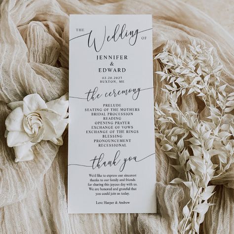 Minimal Wedding Ceremony Program Minimal Wedding Ceremony, Modern Wedding Program, Olive Green Weddings, Wedding Dinner Menu, Wedding Ceremony Ideas, Elegant Modern Wedding, Wedding Ceremony Programs, Wedding Menu Template, Ceremony Programs