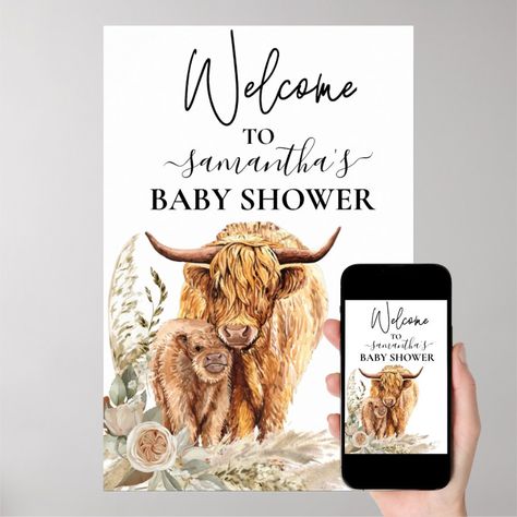 Welcome Highland Cow Calf Baby Shower Boho Poster  Zazzle Cow Baby Shower Theme, Cow Baby Shower Invitations, Highland Cow Baby, Cow Baby Shower, Cow Nursery, Baby Shower Boho, Cow Baby Showers, Cowboy Baby Shower, Baby Shower Theme Decorations