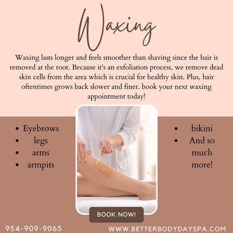 Waxing has many great benefits such as less regrowth, finer regrowth, and waxing banishes shaving rashes. Book today by giving us a call at 954-909-9065! #wax #spa #skincare #hairfree Waxing Special Ideas, Wax Captions, Wax Specialist Aesthetic, Esthetician Marketing Waxing, Waxing Post Ideas, Waxing Advertisement, Waxing Wallpaper, Waxing Template, Brazilian Wax Quotes