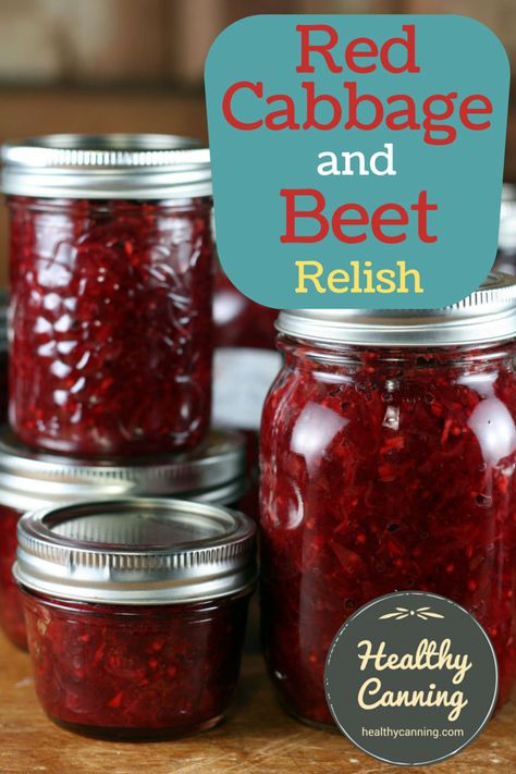 Red Cabbage and Beet Relish. A delicious, beautiful-looking relish that is good with anything from sausage on a bun to the side of a plate of a roast supper. This recipe is very easy to make. You can let a food processor do all the hard work, and you can just do the assembly and claim the credit. It’s really inexpensive to make, too, and makes a wonderful small gift at Christmas for someone. Sugar and salt free, too! #canning Sausage On A Bun, Canning Relish, Cabbage Relish, Canning Cabbage, Beet Relish, Healthy Canning, Canning Beets, Relish Recipe, Canned Food Storage