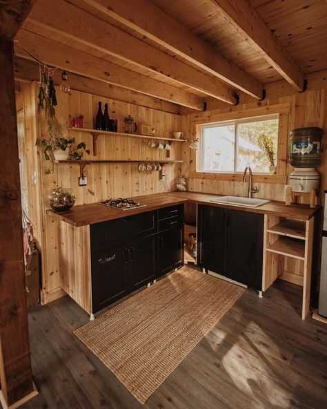 Off Grid Cabin Kitchen, Cabin Cabinets Kitchen, Tiny Cabin Kitchen, Cabin Kitchen Ideas, Small Cabin Ideas, Dry Cabin, Go Work, Shed Cabin, Woods Forest