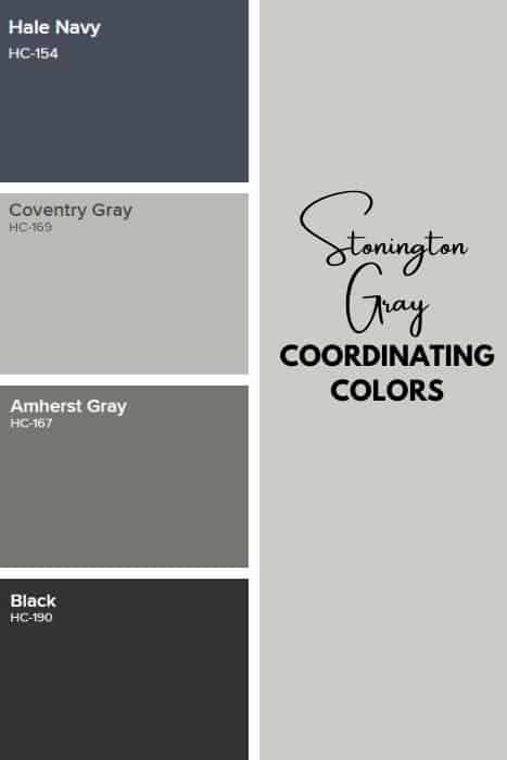 Benjamin Moore Stonington Gray is such a versatile gray paint color. It easily coordinates with a ton of other paint colors. # paintcolors #interiordesign #gray Stonington Grey Exterior, Stonington Gray Benjamin Moore Kitchen, Paint Colors For Ranch Style Homes Exterior, Colors That Go With Stonington Gray, Stonington Gray Benjamin Moore Bedroom, Benjamin Moore Gray Exterior House Paint, Coventry Gray Benjamin Moore Exterior, Stonington Gray Benjamin Moore Exterior, Grey Exterior Paint Colors For House