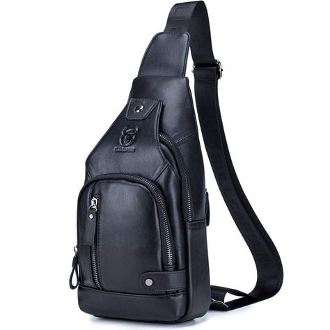 BULLCAPTAIN Genuine Leather Sling Backpack with USB Charging Port Multi-pocket Chest Bag Hiking Travel Daypack XB-129 (Black) Street Bob 114, Tech Bag, Things For Baby, Chest Bag Men, Leather Sling Bag, New Bags, Inside Bag, Hiking Backpacking, Mens Leather Bag