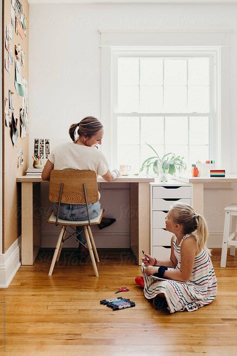 "Mom Working From Home With Daughter" by Stocksy Contributor "Kristine Weilert" - Stocksy Work From Home Mom Aesthetic, Working Mom Aesthetic, Mama Aesthetic, Mom Working, Work From Home Mom, Chatty Cathy, Working Parents, Working Parent, School Interior