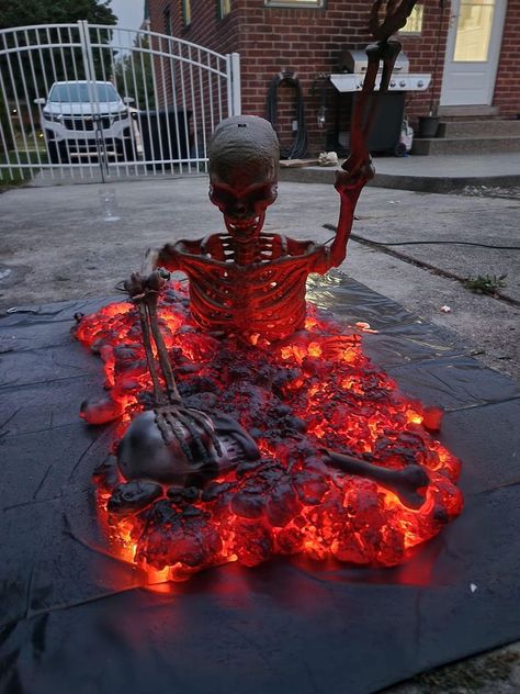 HALLOWEEN GRAVEYARDS, DISPLAYS AND HAUNTS | I have seen some skeleton displays where they they are just a torso coming out of what looks like a fire ground (foam spray with lights) Spray Foam Skeleton, Spray Foam Halloween Decorations Diy, Skeleton Coming Out Of Ground, Skeleton Ideas For Yard, Spray Foam Halloween Decorations, Diy Skeleton Decor, Skeleton Displays For Halloween, Skeleton Displays, Thanksgiving Skeleton