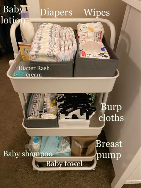 Nappy Trolly Ideas, Diaper Caddy On Dresser, Postpartum Caddy For Mom, Bedside Caddy For Baby, Bed Side Nursery, Newborn Caddy Essentials, Nursery Caddy Cart, Baby Trolley Organiser, Baby Cart Organizer