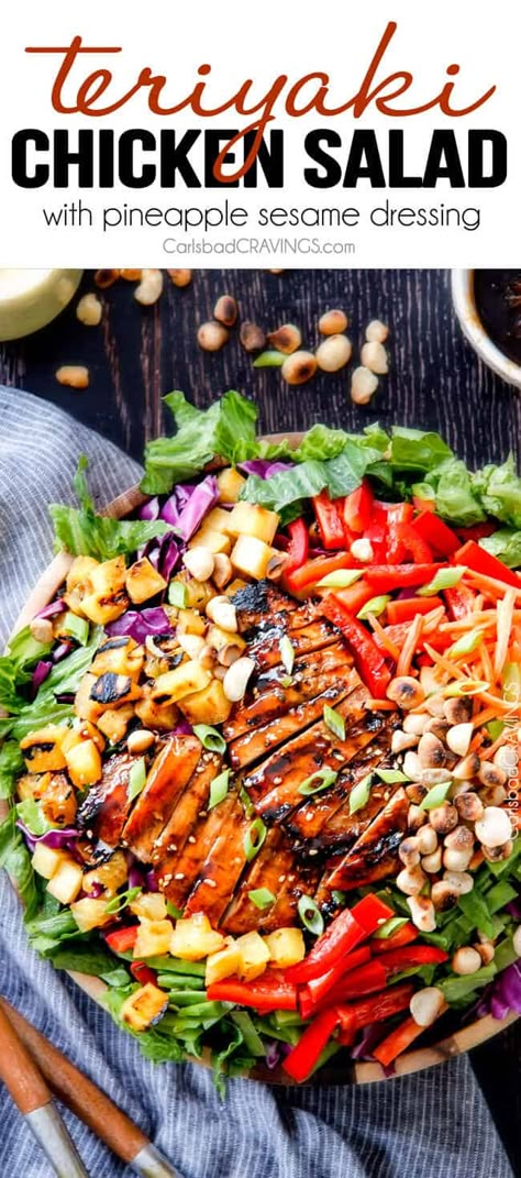 Steak 48, Spinach Side, Teriyaki Chicken Salad, Chicken Salad With Pineapple, Pineapple Salad, Grilling Ideas, Carlsbad Cravings, Sesame Dressing, Dinner Side