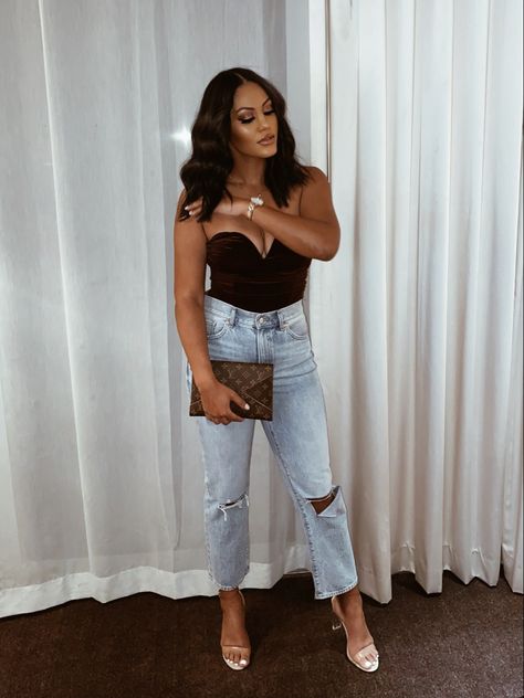 Date Night Outfit Jeans, Clear Heels Outfit, Lv Clutch, Expensive Suits, Jeans Heels Outfit, Velvet Corset, Mommy Outfits, Clothing Aesthetic, Heels Outfits