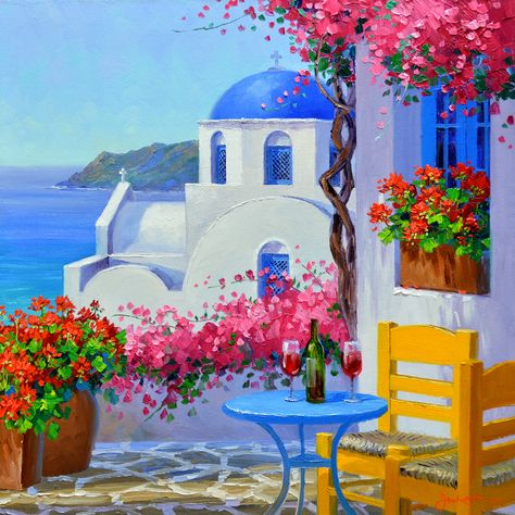 SA0614 Romance in Santorini 14x14 Greece House, Greece Painting, Greece Pictures, Mediterranean Landscaping, Dream Painting, Easy Canvas, Painting Easy, Simple Acrylic Paintings, Mosaic Diy