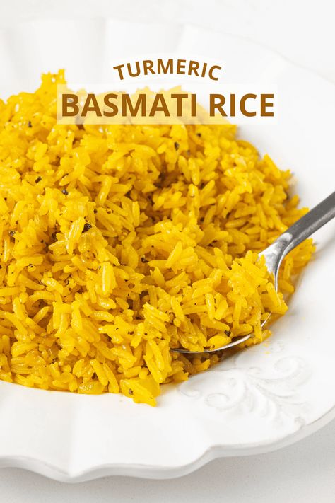 Tumeric Basmati Rice Recipes, Yellow Basmati Rice Recipes, Cooking With Turmeric Powder, Turmeric Powder Recipes, Yellow Basmati Rice, Tumeric Meals, Mexican Yellow Rice Recipe, Turmeric Basmati Rice, Basmati Rice Bowl