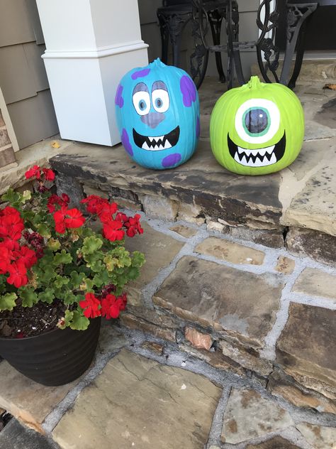 Pumpkin Painting Ideas Mike And Sully, Pumpkin Painting Movie Characters, Pumpkin Painting Ideas Sully, Painted Pumpkin Character Ideas, Mike And Sully Pumpkin Paintings, Mike And Sully Pumpkin, Sully Pumpkin Painting, Monsters Inc Pumpkin Painting, Couple Pumpkin Painting Ideas