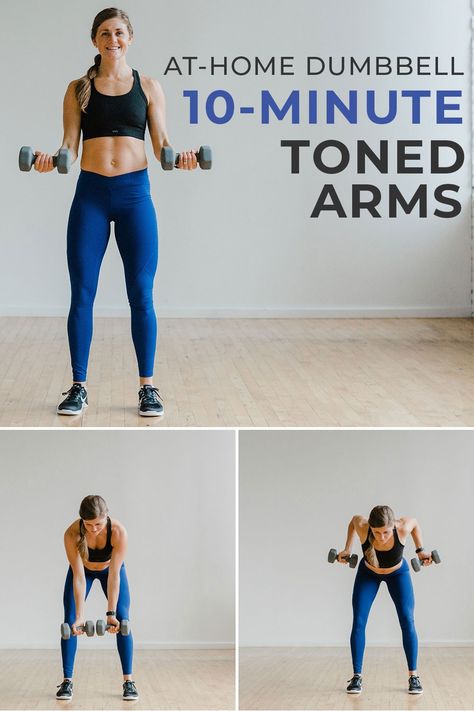 Get strong, toned arms with this 10-Minute UPPER BODY WORKOUT FOR WOMEN! These 5 upper body exercises target the chest, biceps, triceps and shoulders. All you need is a set of dumbbells to complete this home workout for toned arms. Upper Body Workout For Women At Home Beginner Toned Arms, Upper Body Weights Women, Exercise Tone Arms, Toning Exercises For Women At Home, Are Workouts For Women, Best Upper Arm Workout For Women, Arm Workout Women While Sitting, Best Arm Workout Dumbell, 15 Min Arm Workout Weights