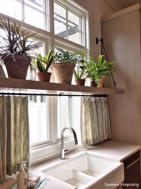 Window Ledge Ideas Kitchen, Kitchen Sink Off Center Of Window, Shelves In Front Of Windows Kitchen, Kitchen Window Shelf For Plants, Kitchen Sink And Window Ideas, Over Window Plant Shelf, Kitchen Window Seal Ideas Decor, Bay Window Plant Shelf, Above Kitchen Sink Window Decor