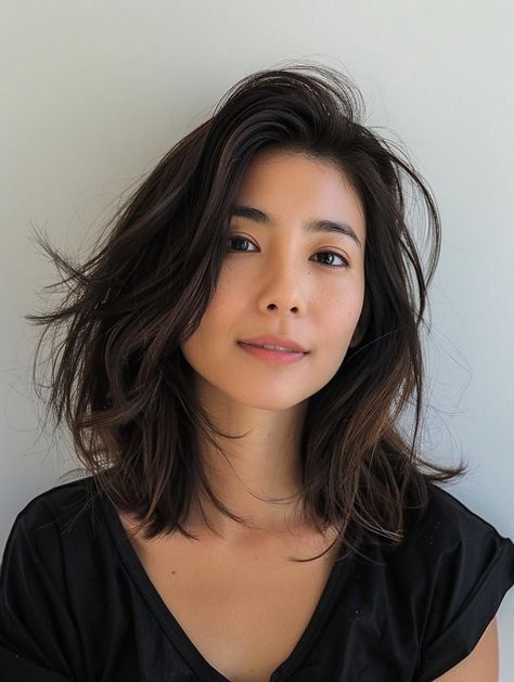 Haircut Inspiration Mid Length Straight, Long Bob With Long Layers, Asian Shoulder Length Hair With Layers, Short Fine Wavy Hair, Lob With Long Layers, Shoulder Length Hair Asian, Tokyo Haircut, Asian Lob Haircut, Lob Wavy Hair