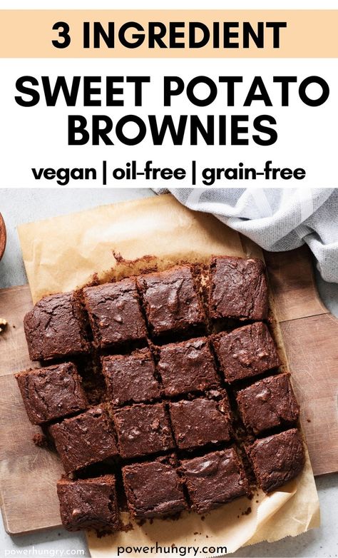 Vegan 3 ingredient sweet potato brownies that are equal parts decadent & healthy! They are oil-free, grain-free, gluten-free & Paleo. #veganbrownies #wfpb #wfpbno #brownies #3ingredients #3ingredientrecipe #3ingredientbrownies #oilfreebrownies #oilfree #grainfree #glutenfree #paleovegan #palebrownies Sweet Potato Brownies Healthy, 3 Ingredient Brownies, Sweet Potato Dessert, Potato Brownies, Healthy Sweet Potato, Gluten Free Sweet Potato, Sweet Potato Brownies, Protein Brownies, Weaning Recipes