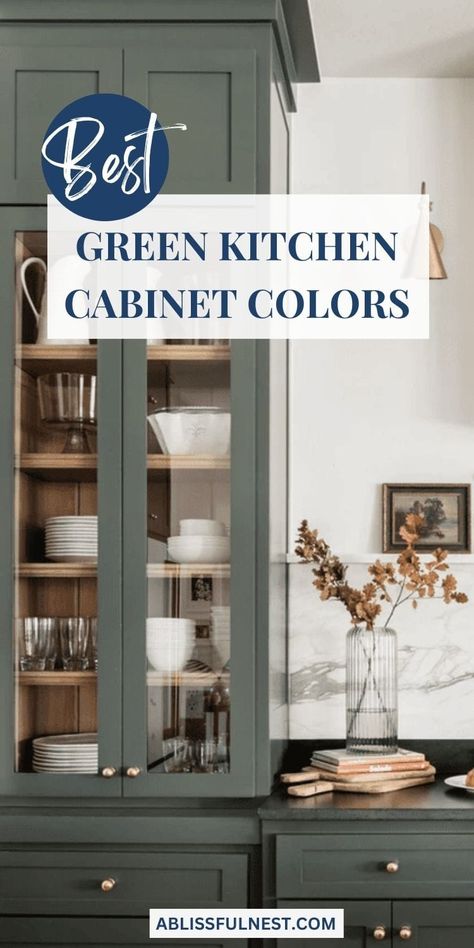 Spruce up your kitchen with the best green cabinet colors! From soothing sage to vibrant emerald, we've got you covered with the perfect shade for a fresh and stylish kitchen look. #greenkitchen #greenkitchencabinetcolors #interiordesign Cushing Green Cabinets, Benjamin Moore Hunter Green Cabinets, Green Gray Kitchen Cabinets, Gray Green Kitchen Cabinets, Green Kitchen Cabinet Colors, Green Cabinet Colors, Green Cabinets Kitchen, Thomasville Cabinets, Kitchen Cupboard Colours