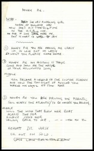 original draft of "Honey Pie" written by Paul McCartney Exit Music For A Film, Beatles Theme, Good Bands, Handwritten Lyrics, Prince Michael Jackson, Art Handwriting, Famous Songs, Silly Doodles, Honey Pie