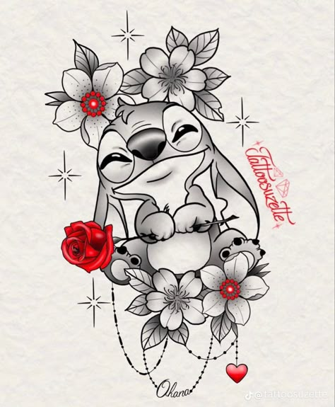 Stitch Tatoos Ideas, Stich Tatoos Girl, Tattoo Sleves Design Women Flowers, Tattoo Suzette, Tattoo Ideas Female Easy, Lilo And Stitch Tattoos, Stitch Disney Tattoo, Stitch Tattoo Design, Stitch Tattoo Ideas