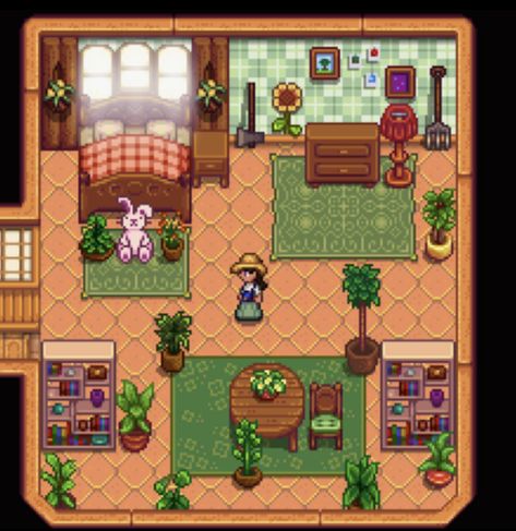 Stardew Valley House Interior Birch, Stardew Valley Indoor Design, Stardew Farmhouse Design, Stardew Mine Decor, Stardew Valley Small House Interior, Cute Stardew House Interior, Stardew Valley House Interior No Mods Pink, Stardew Valley Guest House, Stardew Valley Farm Layout Standard Cute