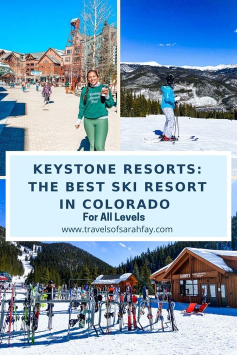 Top left image Sarah travel blogger with coffee in River Run Village, top right Sarah skiing at Keystone Resort, and bottom photo is Labonte's bbq on mountain dining and ski rack. Keystone Colorado Winter, Best Family Ski Resorts, Colorado Ski Trip, Keystone Ski Resort, Colorado Resorts, Vail Resorts, Keystone Colorado, Colorado Ski Resorts, Family Ski