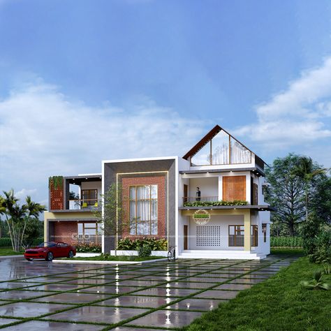 Alakode Kerala Mixed Roof House - 3565 sqft Design | Kerala House Designs Kerala House Design Traditional, Modern Kerala House, Kerala Traditional House, Glass House Design, Kerala House, Roof House, Kerala House Design, Contemporary Exterior, Kerala Houses