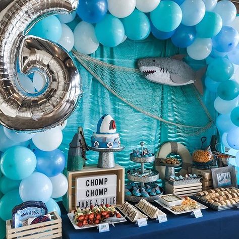 Shark Birthday Party Ideas, Shark Baby Shower, Shark Themed Party, Ocean Birthday Party, Birthday 2023, Shark Themed Birthday Party, Fishing Birthday Party, Ocean Birthday, Boy Birthday Party Themes