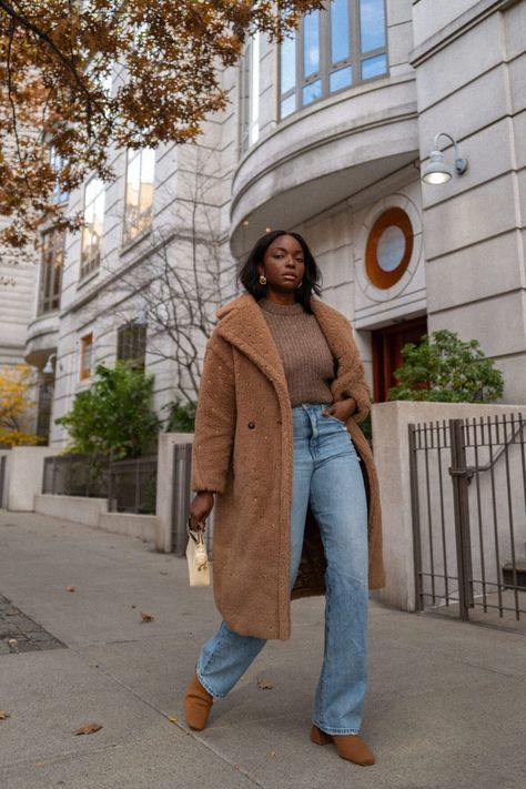 Inspo for your cozy chic aesthetic winter outfits featuring teddy pieces from MaxMara Fuzzy Trench Coat Outfit, Luxurious Winter Outfits, Warm Winter Outfits For Work, Cute Teddy Aesthetic, Teddy Bear Coat Outfit Winter, Winter Outfits Earmuffs, Brown Teddy Jacket Outfit, Plus Winter Outfits, Brown Teddy Coat Outfit