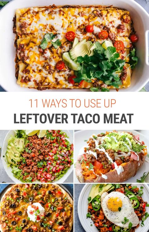 What to do with leftover taco meat? We show you 11 delicious ideas for using up ground beef, chicken or turkey in dishes like taco enchiladas, nachos, taco salads, casseroles, taco pizza and more. #tacomeat #taco #groundbeef #meatsauce #groundmeat #texmex #enchiladas #nachos #tacopizza #taco #instantpot What To Do With Left Over Cooked Ground Beef, Taco Meat Dishes, What To Do With Left Over Taco Meat Beef, Meals Using Taco Meat, Chicken Taco Meat Leftovers, Leftover Chicken Taco Meat Recipes, Ground Taco Meat Recipes, Taco Leftovers Ideas, Ground Beef Leftover Recipes