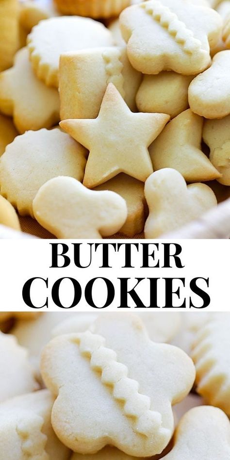 Butter Cookies - the BEST butter cookies recipe ever! These butter cookies are buttery, crumbly, melt in the mouth. Best cookies for Christmas and holidays. Butter Cookies To Decorate, Cut Out Butter Cookies Recipe, Butter Cookie Recipe For Decorating, Butter Sugar Cookies Christmas, Rolled Butter Cookies, Iced Butter Cookies, Christmas Butter Biscuits, Butter Cookies Shapes, Best Butter Cookies Recipe