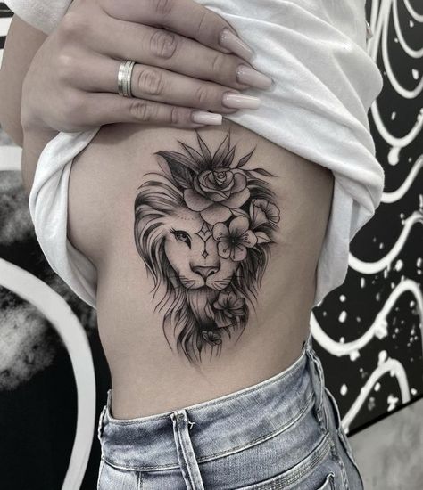 Female Ribs Tattoo Ideas, Lion Tattoo For Women Chest, Side Rib Tattoo Cover Up, Lion Tattoo For Women Ribs, Lion Side Tattoo Women, Female Lion Tattoo With Crown, Feminine Beauty Tattoo, Women Rib Tattoo Side Tat Cover Up, Women’s Rib Tattoo Ideas