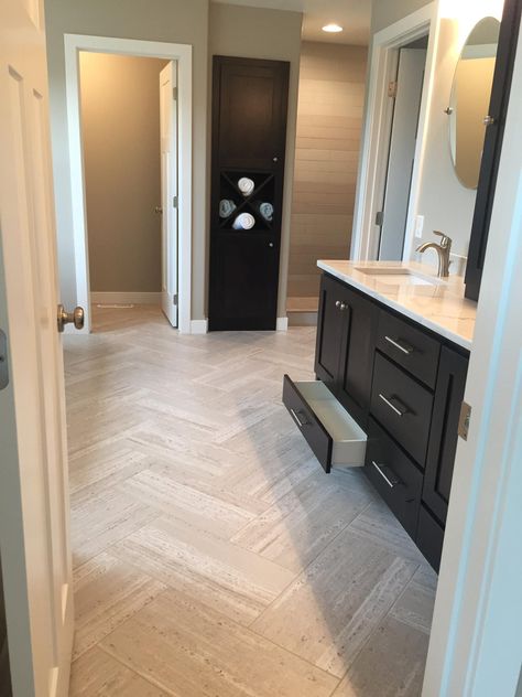 12 x 24" vinyl tile laid in herringbone pattern Luxury Vinyl Tile Kitchen, Herringbone Bathroom Floor, Herringbone Bathroom, Tile Remodel, Luxury Vinyl Tile Flooring, Floor Tile Design, Herringbone Floor, Master Bath Remodel, Luxury Vinyl Tile