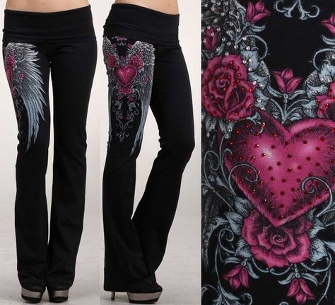 BLACK COLOR CRYSTAL TATTOO ANGEL WINGS HEARTS ROSES YOGA PANTS LEGGINGS S M L #MialnoUSA #YogaPant Tattoo Angel Wings, Painted Apparel, Country Night, Tattoo Leggings, Tattoo Angel, Affliction Clothing, 1920s Fashion Women, Crystal Tattoo, Rocker Outfit