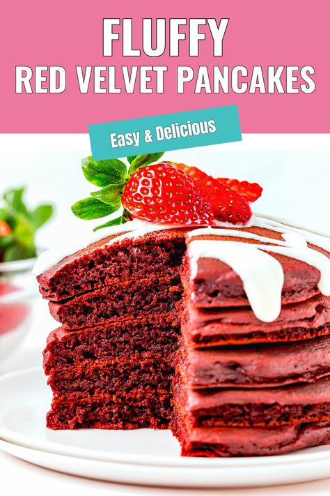 Fluffy Red Velvet Pancakes stack on a plate. Pancakes No Eggs, Eggless Breakfast, Red Velvet Desserts, Egg Free Breakfast, Red Velvet Pancakes, Flavored Pancakes, Eggless Recipes, Pancakes Easy, Pancakes Healthy