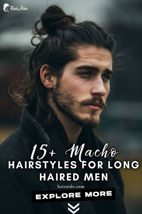 a close up of a man with a long hair and a beard Beard With Long Hair For Men, Mens Updo Hairstyles, Very Straight Hair Hairstyles Men, Ponytail Length Chart, Men Hair Accessories, Styling Long Hair Men, Long Hair With Beard Men Style, Mens Long Length Hairstyles, Mens Hairstyles With Beard Long Hair