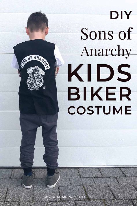 Looking for a totally rad Halloween costume for your little guy or big boy? This is simple to make and you'll find most of the supplies at home already! My boys thought they were so cool in their Son's of Anarchy mini costume for kids. Head over to the blog to see more! A Visual Merriment | kids of anarchy biker halloween costume toddler bikie jacket baby cosplay diy | #halloween #kids #costume #avisualmerriment Sons Of Anarchy Costume, Biker Halloween Costume, Biker Halloween, Biker Costume, Biker Logo, Baby Cosplay, Costume Toddler, Baby Boy Cards, Christmas Wreaths Diy Easy