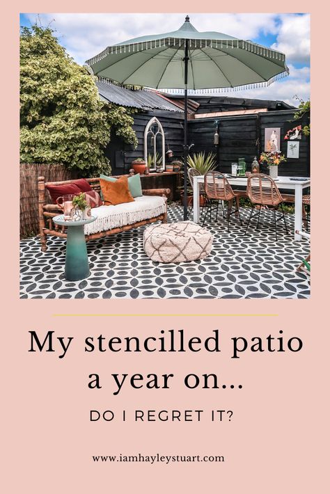 Outdoor Patio Stencil Ideas, Stencilled Concrete Patio, Concrete Garden Floor Ideas, Paver Stencil, Stenciled Patio Floor, Stencil Patio Pavers, Stenciled Concrete Patio, Black And White Stenciled Concrete Patio, Outdoor Floor Stencil Ideas