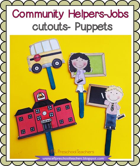 IDEA 2. Create puppets just by gluing a craft stick.Use the puppets to introduce new vocabulary in a classroom setting or from your computer. Watch the video.
community helpers stick puppet Esl Preschool, Stick Puppet, Helper Jobs, Positional Words, Community Helpers Unit, Pocket Charts, Human Body Unit, Town Building, Esl Activities