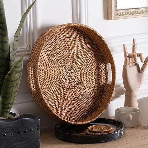 Round Rattan Tray, Farmhouse Boho Decor, Snack Display, Tray Basket, Rattan Weaving, Rattan Tray, Ottoman Tray, Coffee Table Tray, Serving Trays With Handles