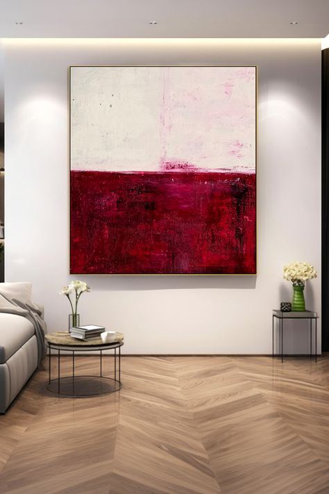 Original handmade burgundy abstract painting with textured red lower half and white upper half, customizable sizes available Burgundy Abstract Art, Burgundy Decor, Unique Paintings, Rich Textures, Abstract Wall, Soft White, Art Original, Deep Red, Abstract Wall Art