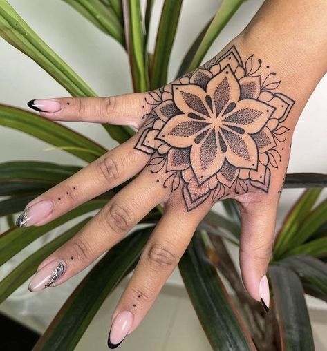 Hand Tattoos For Women Mandala, Mandala Hand Tattoo For Women, Full Hand Tattoos For Women, Mandala Hand Tattoo, Full Hand Tattoo, Mandala Hand Tattoos, Cherry Tattoos, Henna Inspired Tattoos, Henna Tattoo Hand