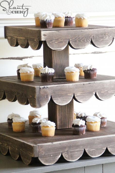 This DIY cupcake stand makes a great display for your holiday baked goods, and can be easily updated to stay stylish all year round. Wooden Cupcake Stands, Rustic Cupcake Stands, Wood Cupcake Stand, Diy Cupcake Stand, Rustic Cupcakes, Diy Cake Stand, Diy Cupcake, Cake And Cupcake Stand, Shanty 2 Chic