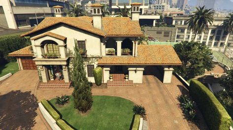 The De Santa Residence is a safehouse in Grand Theft Auto V. The mansion is located in Rockford Hills, an affluent residential neighborhood in Los Santos, San Andreas. It is bordered by West Eclipse Boulevard, Portola Drive, Edwood Way and Rockford Drive. The house first appears in the mission given to Franklin Clinton by Simeon Yetarian, Complications. Gta 5 Michael House, Gta House, Gta 5 Michael, Mexican Hacienda, Craftsman Exterior, Opulent Interiors, Architecture Model House, Backyard Paradise, Gta San Andreas