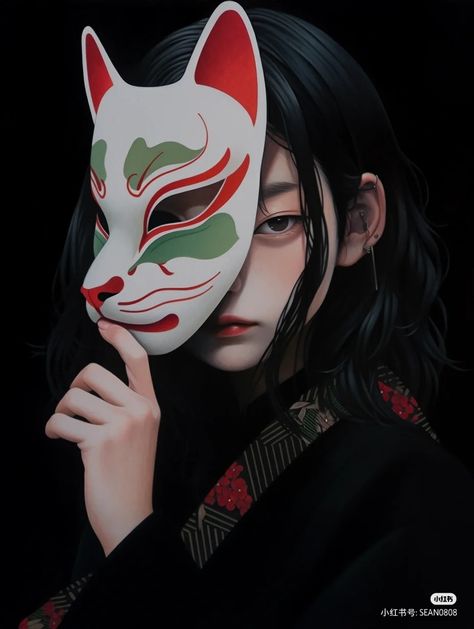 Tato Geisha, Female Samurai Art, Mascara Oni, Mask Photoshoot, Female Samurai, Byakuya Kuchiki, Kitsune Mask, Mask Drawing, Japanese Photography