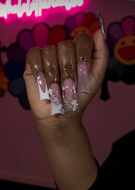 Extra Long Acrylic Nails With Charms, Exotic Nail Designs Medium, Xl Nails With Charms, Pink Duck Nails Acrylic, Extended Duck Nails, Long Duck Nails Acrylic, Cute Pink Birthday Nails, Duck Nails Long, Long White Acrylic Nails