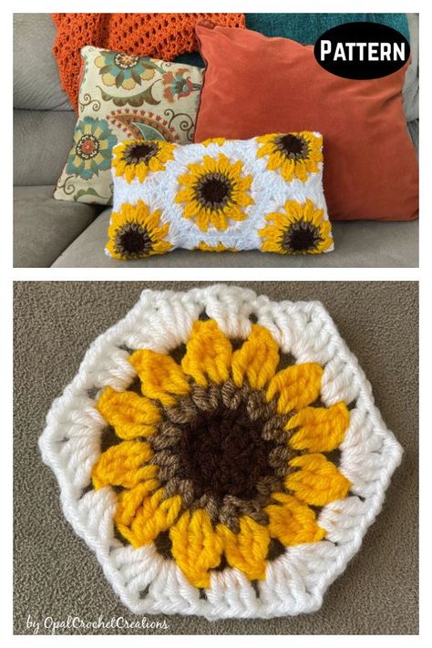 Sunflower Hexagon Crochet Free Pattern, Sunflower Blanket Crochet Pattern Free, Sunflower Hexagon Crochet Pattern, Crochet Sunflower Pillow Pattern Free, Crochet Patterns Sunflowers, Sunflower Crochet Projects, Free Sunflower Crochet Pattern, Sunflower Square Crochet Pattern, Sunflower Pillow Crochet