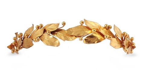 Laurel Wreath Tiara (ca. 1905; gold). Golden Laurel Crown, Golden Laurel Wreath, Gold Leaf Crown Greek, Golden Leaf Crown, Laurel Wreath Crown, Iron Necklace, Laurel Crown, Jewelry Mood Board, Imperial Blue