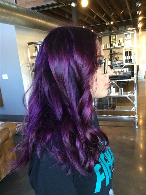 Bright purple hair color. Purple hair Purple Hair For Brunettes, Bright Purple Hair Color, Bright Hair Color Ideas, Dark Brunette Balayage, Bright Purple Hair, Hair Color Ideas For Dark Hair, Color Ideas For Dark Hair, Ideas For Dark Hair, Dyed Hair Purple