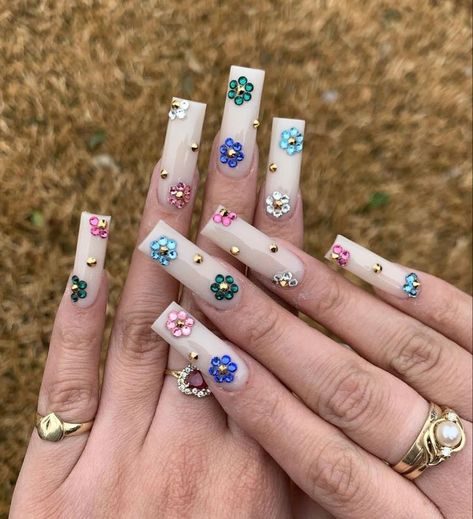 Long Nails Flower Design, 333 Nails Acrylic, Long Acrylic Spring Nails, Jewel Flower Nails, Jelly Square Nails, Square Acrylic Nails Gems, Pink And Red Braces, Long Acrylic Nails 2023, Nail Designs Rhinestones Simple