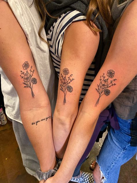 Tattoo On Back Of Arm Above Elbow Women, Simple Flower Tattoo Back Of Arm, Flower Tattoo On Inside Of Arm, Flowers Bicep Tattoo, Bouquet Tattoos For Women, Collage Sleeve Tattoo Women, Birth Flower Matching Tattoos, Wildflower Tattoo Inner Bicep, Arm Tattoos For Women Inner Forearm